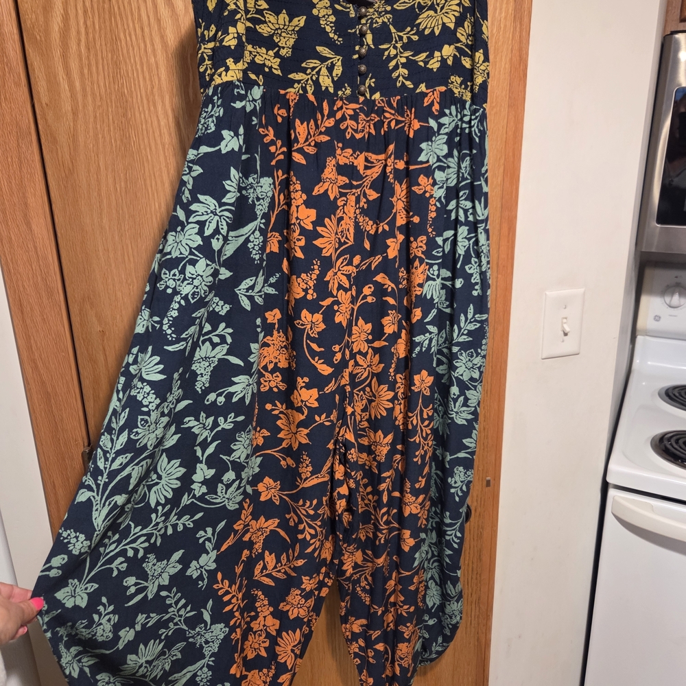 Anthropologie Floral Colorblock Jumpsuit in Navy, Orange & Mint